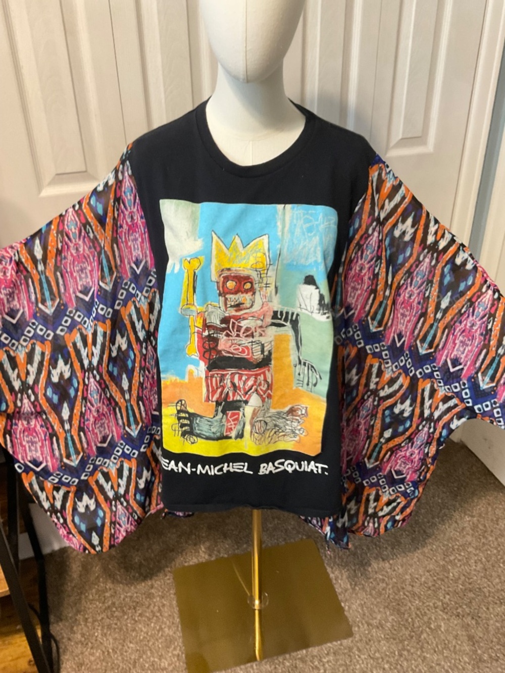 Jean-Michel Basquiat Upcycled Graphic T-Shirt with Flowy Printed Sleeves - OSFM